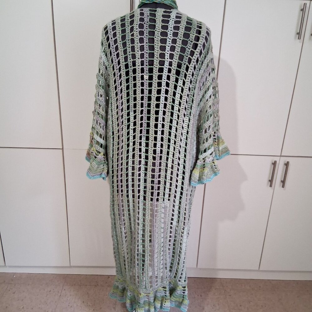 Light Green Mesh Boho Long Ruffle Edge Sweater Large xl - Picture 7 of 9